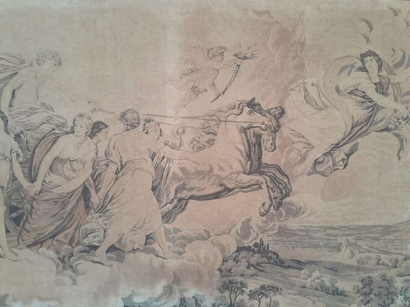 An Antique Tapestry of Aurora Leading the Carriage of Apollo Surrounded by Hours (after Reni) str...