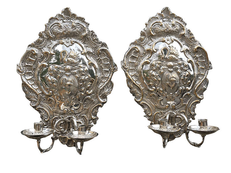 A Pair of 19th Century Silvered Brass Repousse Two Light Wall Sconces Possibly Dutch or English - ND