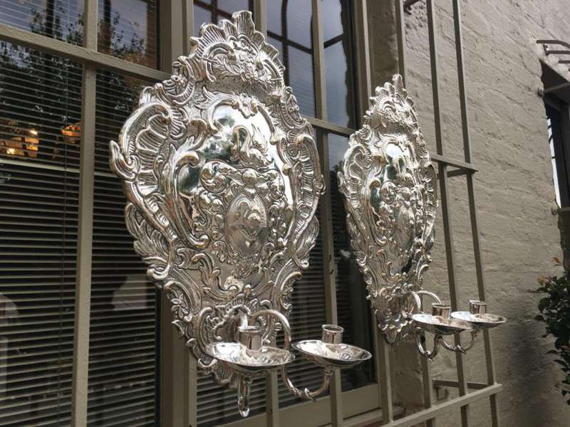 A Pair of 19th Century Silvered Brass Repousse Two Light Wall Sconces Possibly Dutch or English - ND
