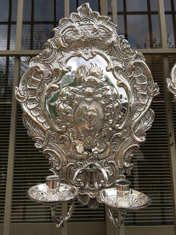 A Pair of 19th Century Silvered Brass Repousse Two Light Wall Sconces Possibly Dutch or English - ND