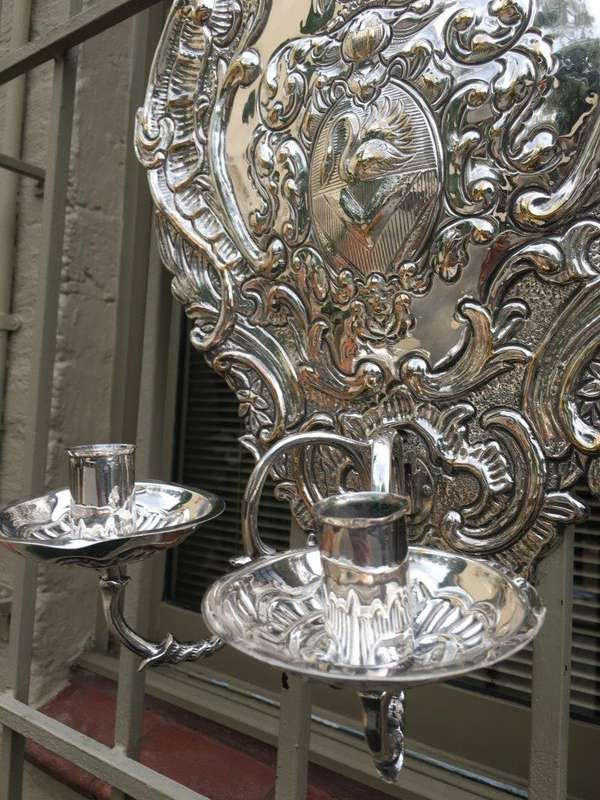 A Pair of 19th Century Silvered Brass Repousse Two Light Wall Sconces Possibly Dutch or English - ND