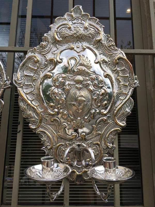 A Pair of 19th Century Silvered Brass Repousse Two Light Wall Sconces Possibly Dutch or English - ND