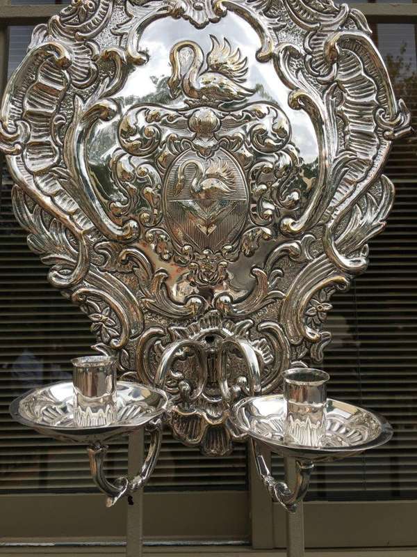 A Pair of 19th Century Silvered Brass Repousse Two Light Wall Sconces Possibly Dutch or English - ND