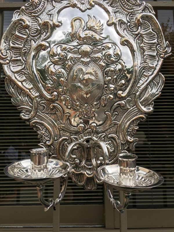 A Pair of 19th Century Silvered Brass Repousse Two Light Wall Sconces Possibly Dutch or English - ND