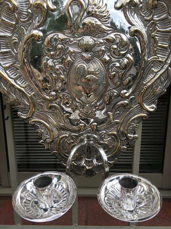 A Pair of 19th Century Silvered Brass Repousse Two Light Wall Sconces Possibly Dutch or English - ND