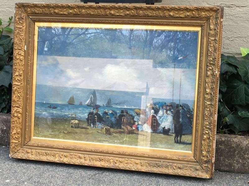 People on the Beach, Oil on Canvas, Signed, in the Style of J. Laurence Hart