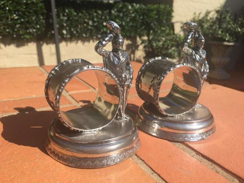 Rare Pair of Antique Victorian USA Knickerbocker Silver Plated Figural Rings. Circa 1895