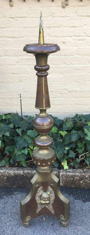 19th Century Very Large & Rare Brass Church Single Candle Holder with Cherub Detail