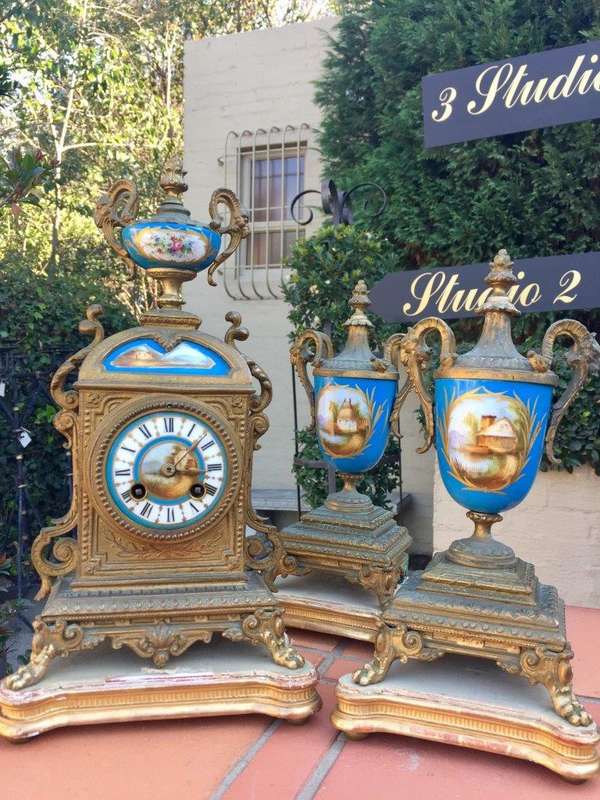 19th  Century H.P. Co French Spelter Clock Garniture Set Circa 1890's