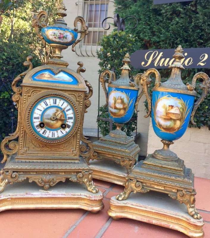 19th  Century H.P. Co French Spelter Clock Garniture Set Circa 1890's