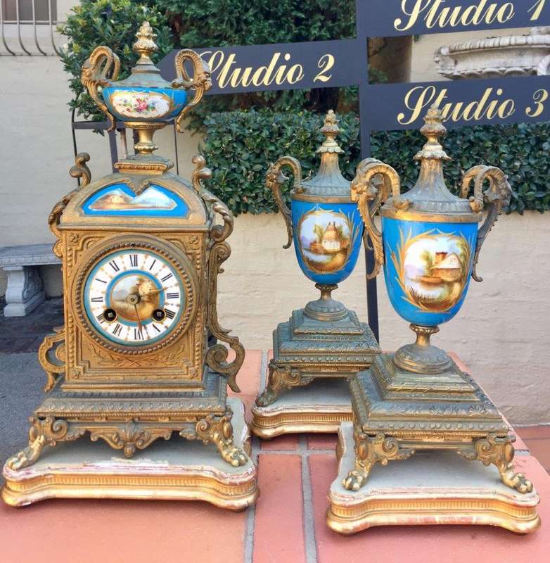 19th  Century H.P. Co French Spelter Clock Garniture Set Circa 1890's