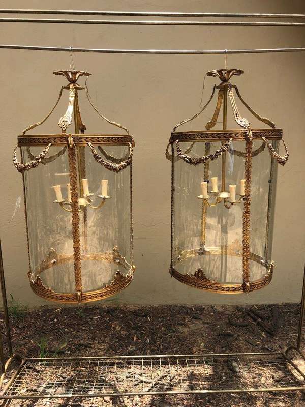 Pair imported glass and brass lanterns