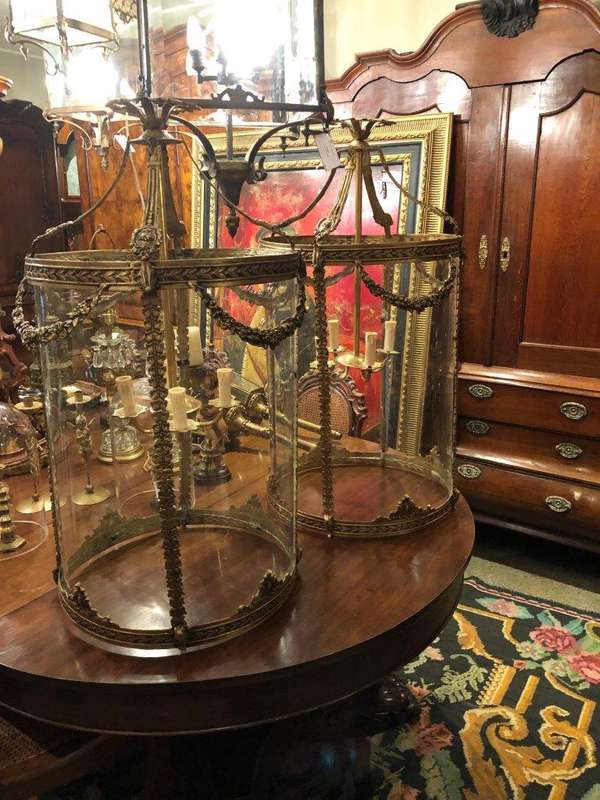 Pair imported glass and brass lanterns
