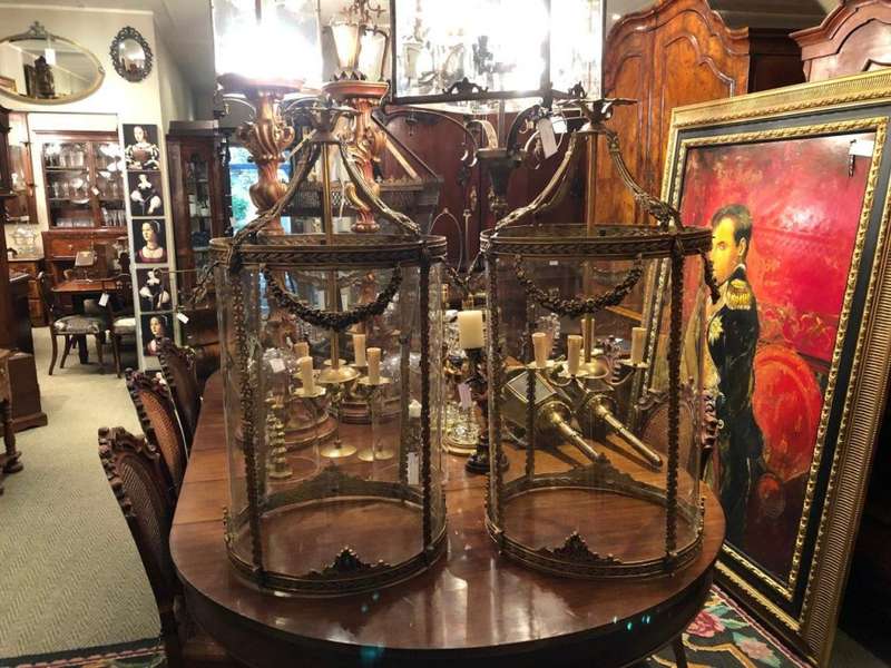 Pair imported glass and brass lanterns