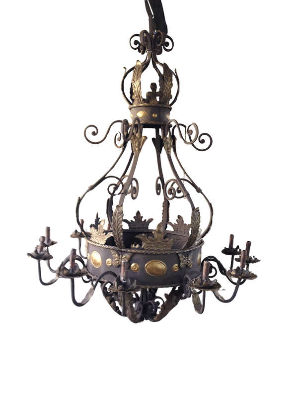 A Large Wrought Iron and Hand-Painted Imported Chandelier with Crown Detail