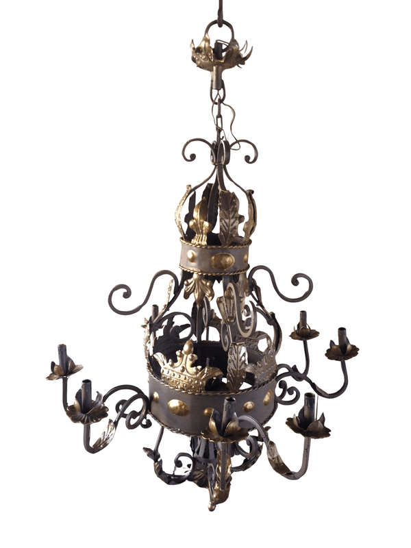 An Imported French Crown Design Wrought Iron Hand Painted Chandelier of Large Proportions