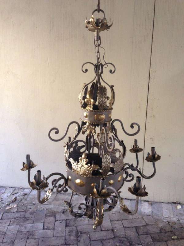 An Imported French Crown Design Wrought Iron Hand Painted Chandelier of Large Proportions