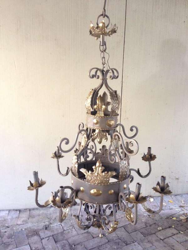 An Imported French Crown Design Wrought Iron Hand Painted Chandelier of Large Proportions