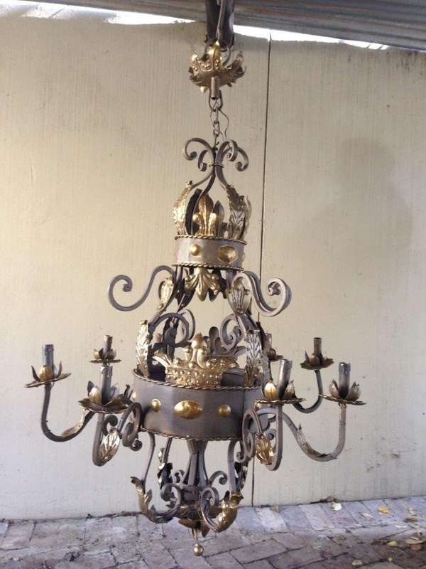 An Imported French Crown Design Wrought Iron Hand Painted Chandelier of Large Proportions