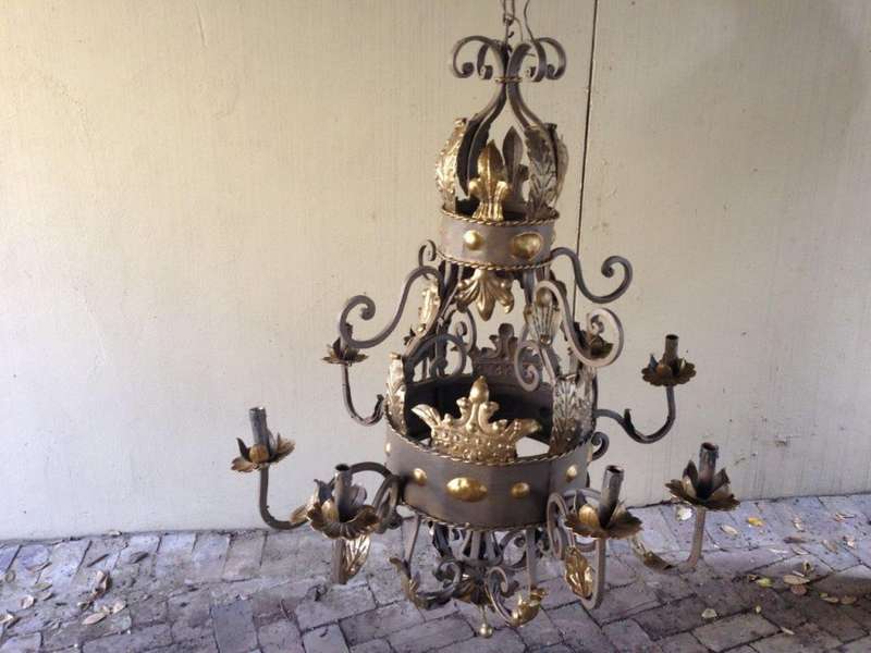 An Imported French Crown Design Wrought Iron Hand Painted Chandelier of Large Proportions