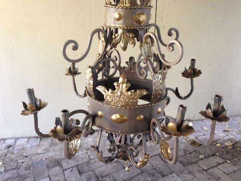 An Imported French Crown Design Wrought Iron Hand Painted Chandelier of Large Proportions