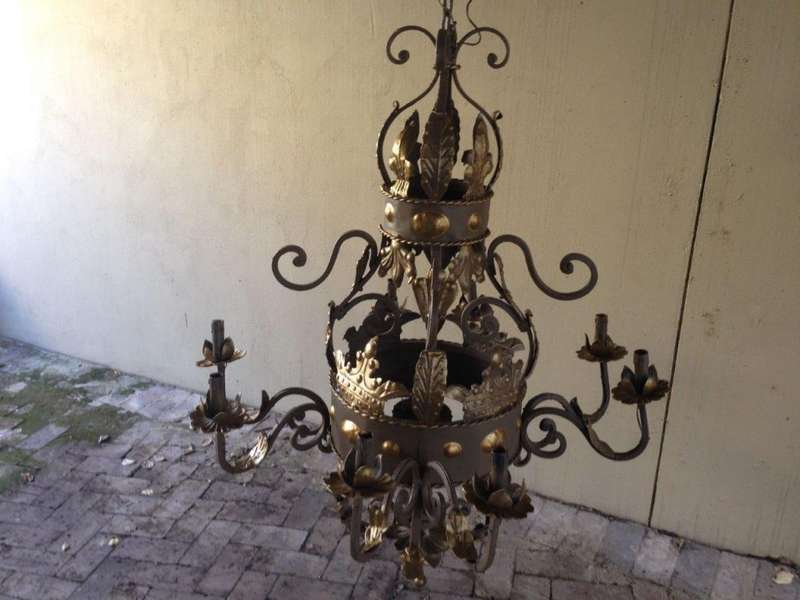 An Imported French Crown Design Wrought Iron Hand Painted Chandelier of Large Proportions