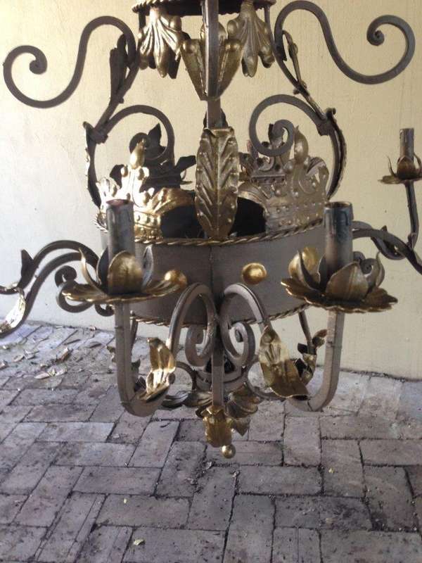 An Imported French Crown Design Wrought Iron Hand Painted Chandelier of Large Proportions