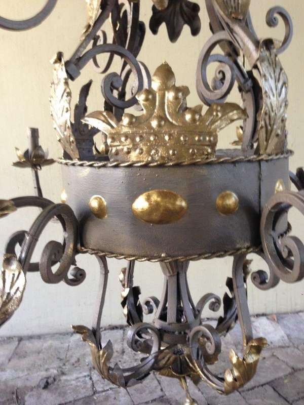 An Imported French Crown Design Wrought Iron Hand Painted Chandelier of Large Proportions