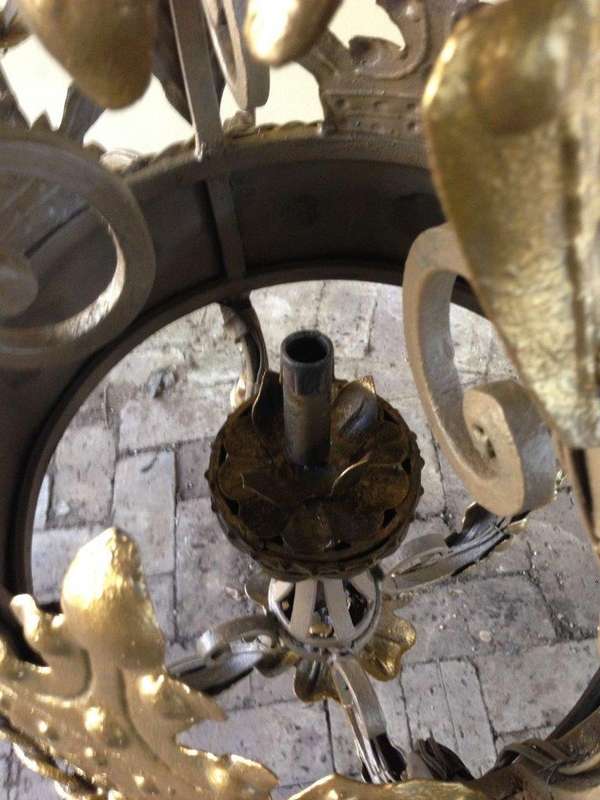 An Imported French Crown Design Wrought Iron Hand Painted Chandelier of Large Proportions