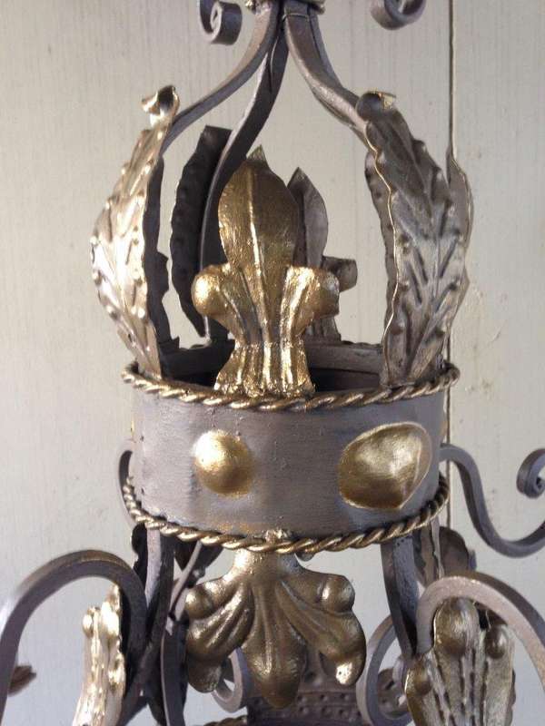 An Imported French Crown Design Wrought Iron Hand Painted Chandelier of Large Proportions