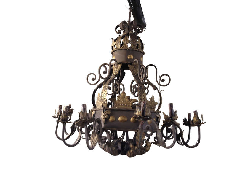 A Hexagonal base Wrought Iron Hand Painted Chandelier with Crown Detail
