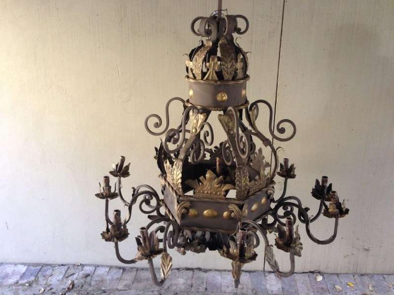 A Hexagonal base Wrought Iron Hand Painted Chandelier with Crown Detail