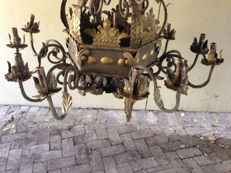A Hexagonal base Wrought Iron Hand Painted Chandelier with Crown Detail