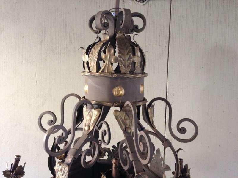 A Hexagonal base Wrought Iron Hand Painted Chandelier with Crown Detail