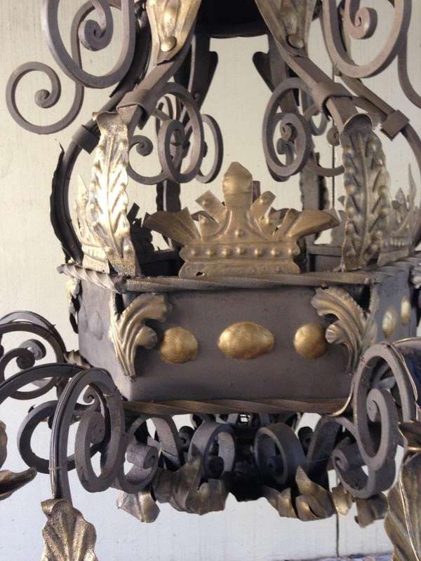 A Hexagonal base Wrought Iron Hand Painted Chandelier with Crown Detail