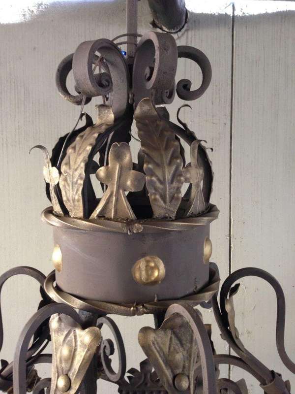 A Hexagonal base Wrought Iron Hand Painted Chandelier with Crown Detail