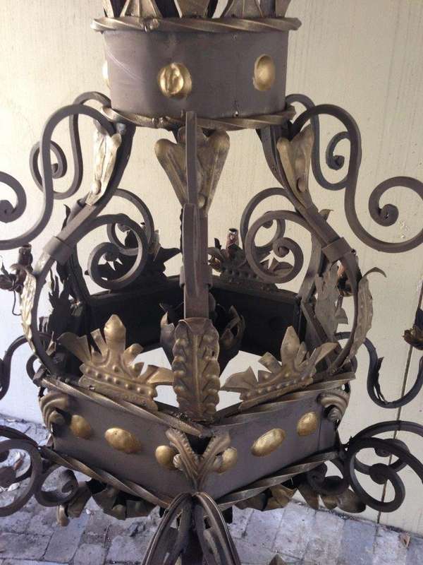 A Hexagonal base Wrought Iron Hand Painted Chandelier with Crown Detail