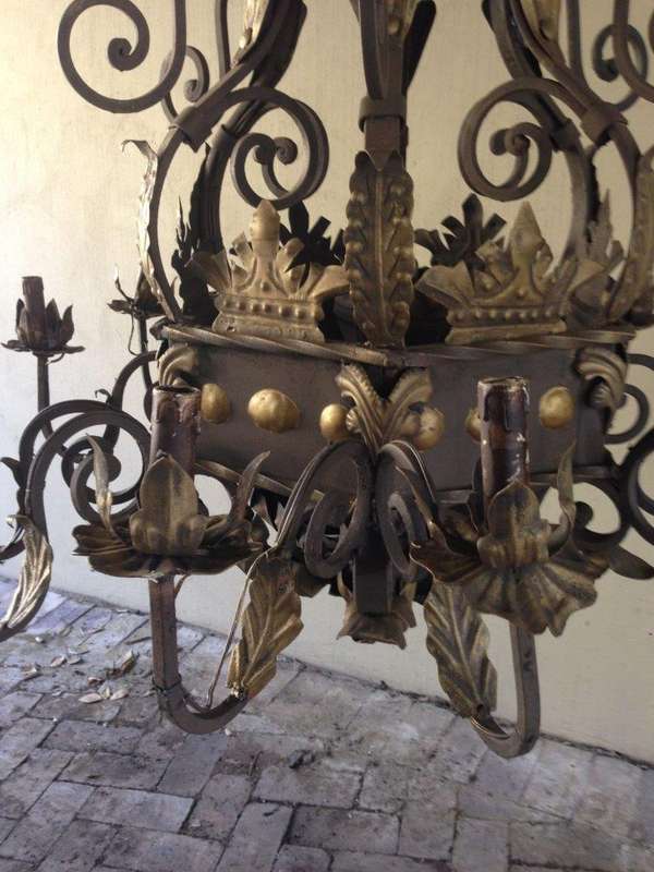 A Hexagonal base Wrought Iron Hand Painted Chandelier with Crown Detail