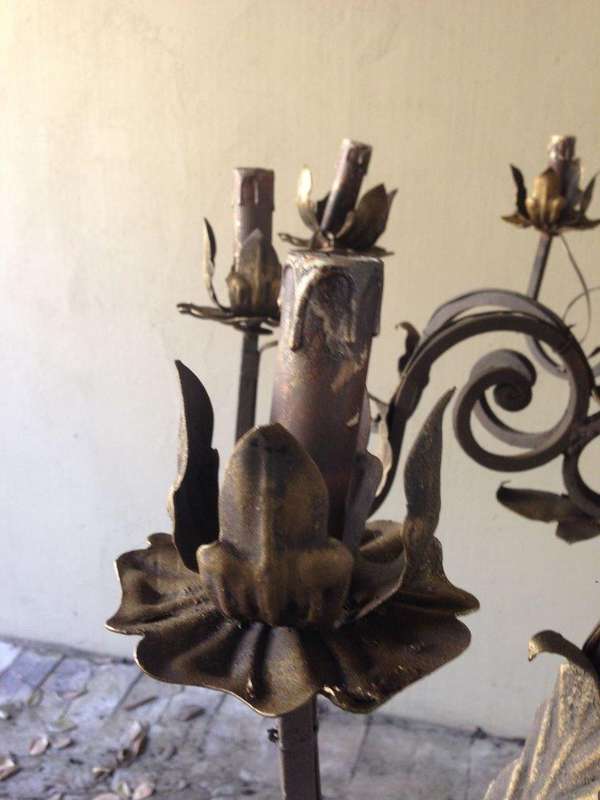 A Hexagonal base Wrought Iron Hand Painted Chandelier with Crown Detail