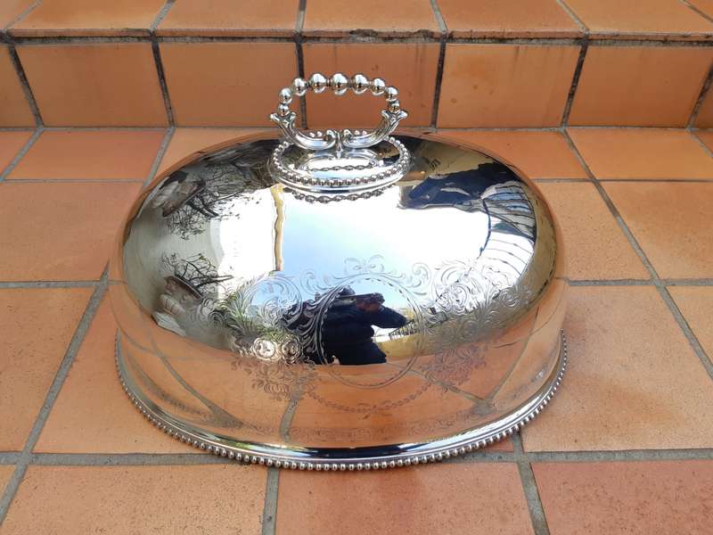 Large oval shaped food dome engraved and with beaded rims and handle