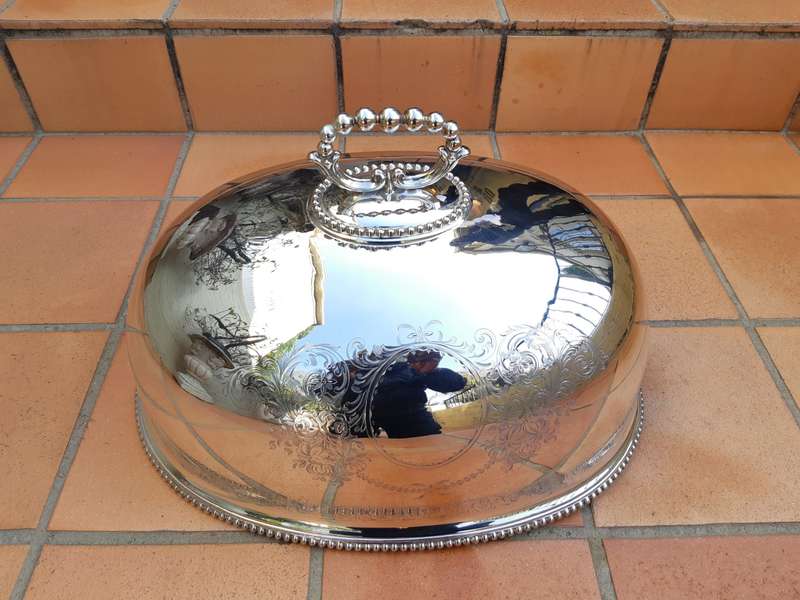 Large oval shaped food dome engraved and with beaded rims and handle