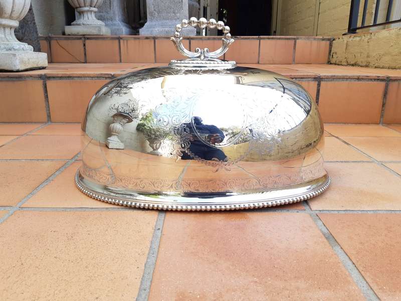 Large oval shaped food dome engraved and with beaded rims and handle