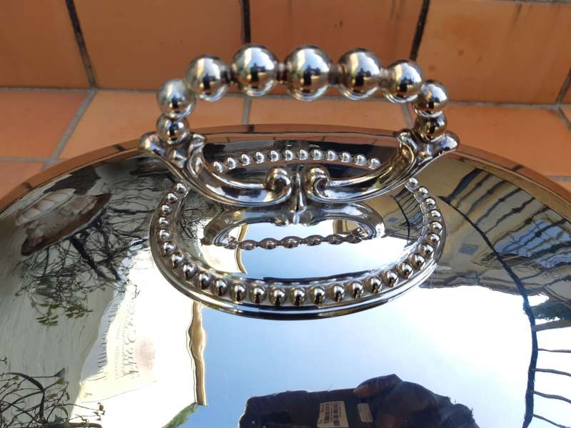Large oval shaped food dome engraved and with beaded rims and handle