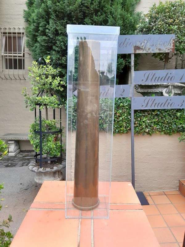Large Brass Shell Casing - 1979 -- (SADF) In Perspex Display Box (Inscription:  RW242 - 105mm An...