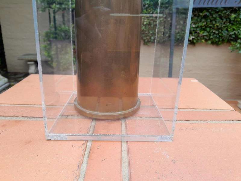 Large Brass Shell Casing - 1979 -- (SADF) In Perspex Display Box (Inscription:  RW242 - 105mm An...