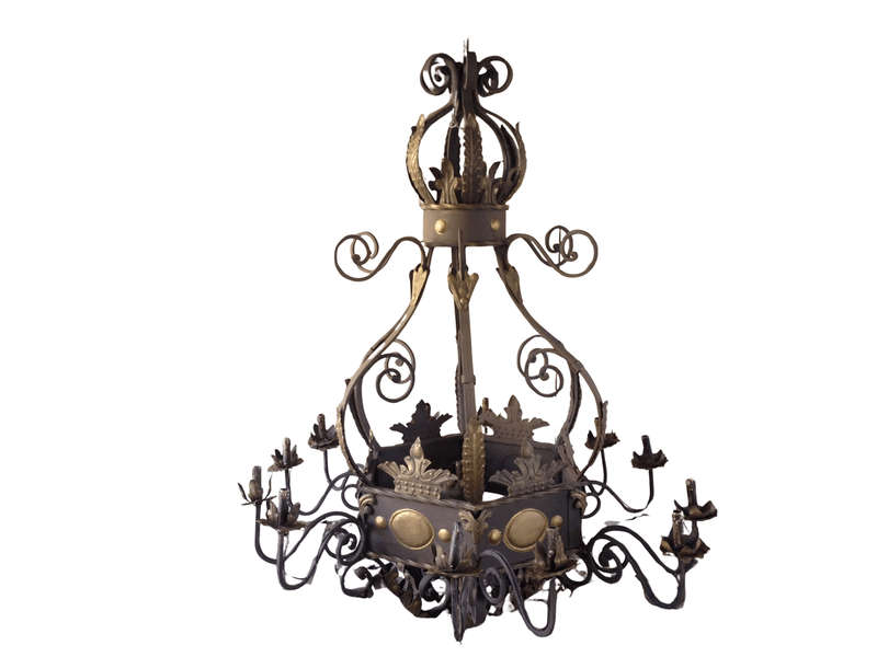 An Imported French Crown Design Wrought Iron Hand Painted Chandelier of Large Proportion