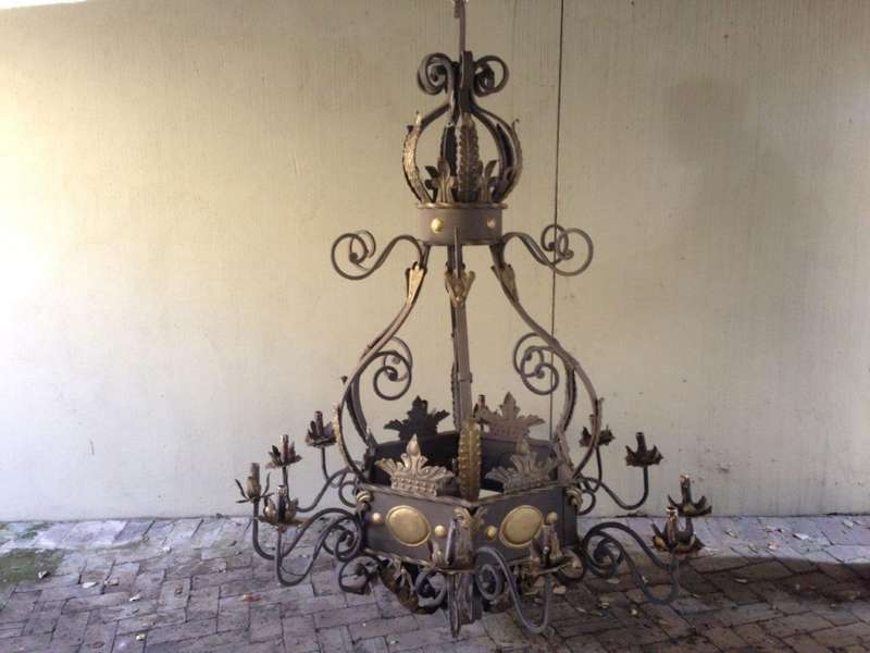 An Imported French Crown Design Wrought Iron Hand Painted Chandelier of Large Proportion
