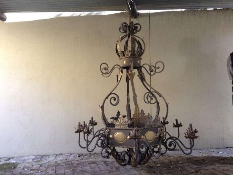 An Imported French Crown Design Wrought Iron Hand Painted Chandelier of Large Proportion