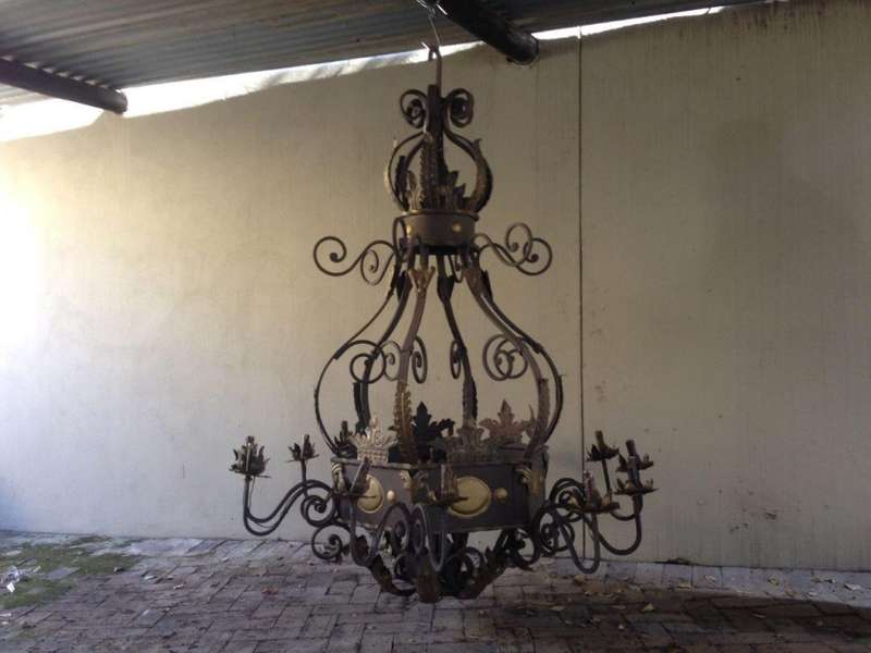 An Imported French Crown Design Wrought Iron Hand Painted Chandelier of Large Proportion