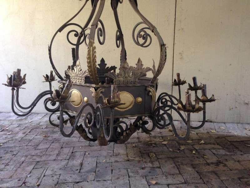 An Imported French Crown Design Wrought Iron Hand Painted Chandelier of Large Proportion